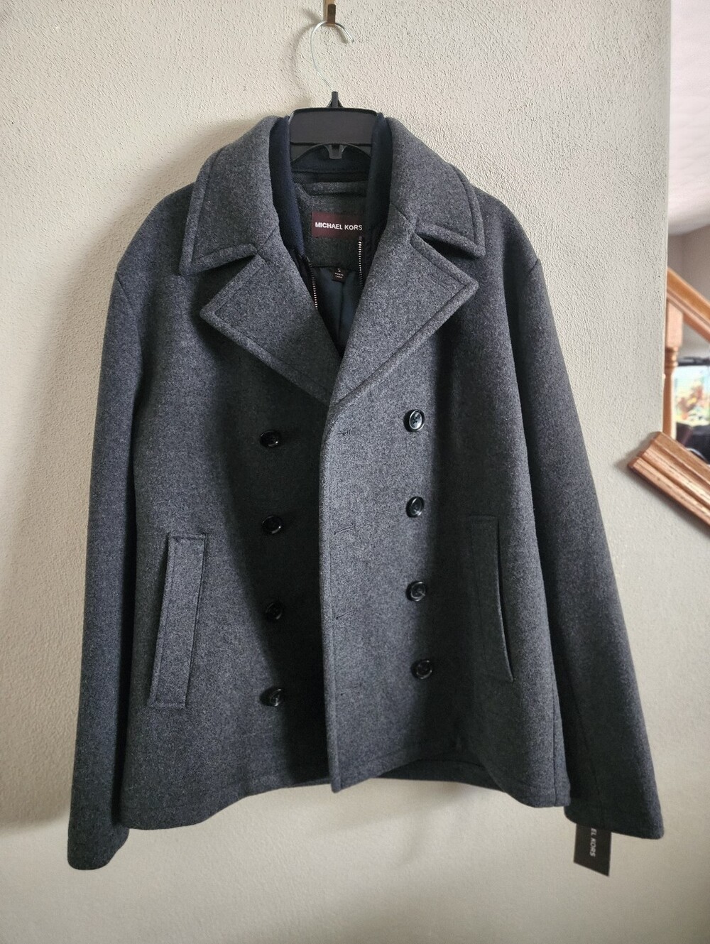 Michael Kors NWT Gray Pea Coat Small S Wool Blend Double Breasted Jacket Bib Men
